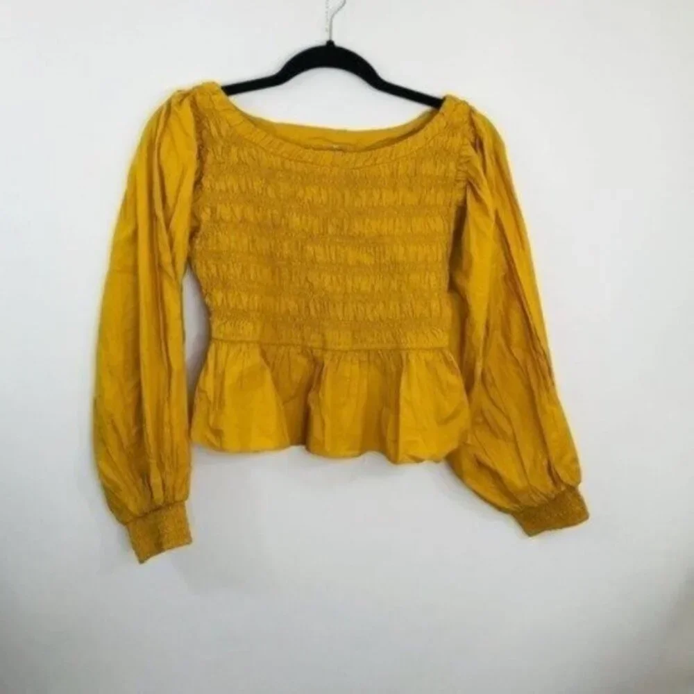 Free People Ruffled Whoa Blouse Mustard Yellow Women Size Small NWOT